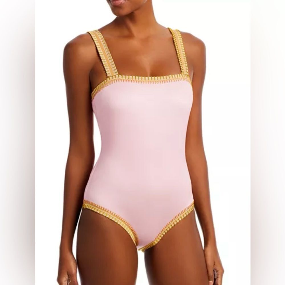 Platinum Swimwear Pink Sands Gold Crochet Trim One Piece Swimsuit Size S NWT